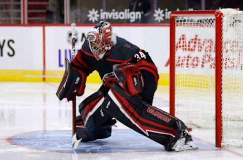 RALEIGH, NORTH CAROLINA – JANUARY 28: Petr Mrazek #34 of the Carolina Hurricanes looks on during the second period of their game against the Tampa Bay Lightning at PNC Arena on January 28, 2021 in Raleigh, North Carolina. (Photo by Jared C. Tilton/Getty Images)