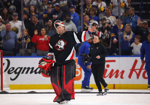 Apr 13, 2023; Buffalo, New York, USA; Buffalo Sabres goaltender Craig Anderson (41) waves to the crowd after a win against the Ottawa Senators at KeyBank Center. Mandatory Credit: Timothy T. Ludwig-USA TODAY Sports