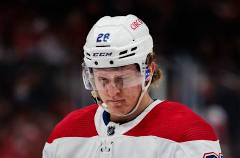 WASHINGTON, DC – NOVEMBER 24: Christian Dvorak #28 of the Montreal Canadiens prepares to take a face-off against the Washington Capitals during the first period of the game at Capital One Arena on November 24, 2021 in Washington, DC. (Photo by Scott Taetsch/Getty Images)