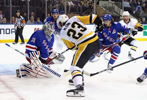 NEW YORK, NEW YORK – MAY 11: Igor Shesterkin #31 of the New York Rangers makes the first period save on Brock McGinn #23 of the Pittsburgh Penguins in Game Five of the First Round of the 2022 Stanley Cup Playoffs at Madison Square Garden on May 11, 2022 in New York City. (Photo by Bruce Bennett/Getty Images)