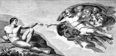 An illustrated recreation of 'The Creation of Adam' from the Sistine Chapel ceiling.