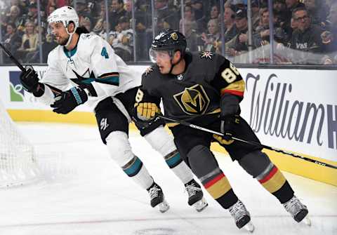 LAS VEGAS, NEVADA – OCTOBER 02: Nate Schmidt #88 of the Vegas Golden Knights skates during the first period against the San Jose Sharks at T-Mobile Arena on October 02, 2019 in Las Vegas, Nevada. (Photo by David Becker/NHLI via Getty Images)