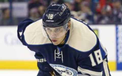 Mar 13, 2016; Columbus, OH, USA; Columbus Blue Jackets left wing Rene Bourque (18) against the Tampa Bay Lightning at Nationwide Arena. The Lightning won 4-0. Mandatory Credit: Aaron Doster-USA TODAY Sports