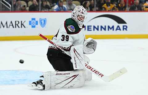 PITTSBURGH, PENNSYLVANIA – DECEMBER 12: Connor Ingram #39 of the Arizona Coyotes makes a save in the first period during the game against the Pittsburgh Penguins at PPG PAINTS Arena on December 12, 2023 in Pittsburgh, Pennsylvania. (Photo by Justin Berl/Getty Images)