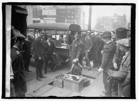 A haul of illegal liquor found during Prohibition