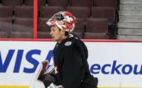 Sep 5, 2016; Ottawa, ON, Canada; Canada goalie Carey Price during practice for the World Cup of Hockey at Canadian Tire Centre. Mandatory Credit: Marc DesRosiers-USA TODAY Sports