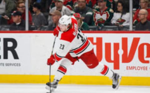 Carolina Hurricanes forward Brock McGinn (23) shoots (Brad Rempel-USA TODAY Sports)