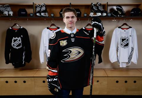 DALLAS, TX – JUNE 23: Blake McLaughlin poses for a portrait after being selected 79th overall by the Anaheim Ducks during the 2018 NHL Draft at American Airlines Center on June 23, 2018, in Dallas, Texas. (Photo by Jeff Vinnick/NHLI via Getty Images)