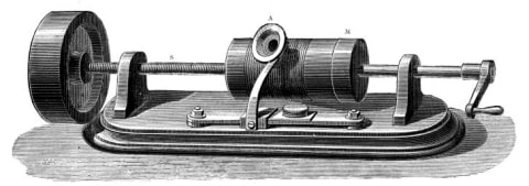 An illustration of Thomas Edison's early version of the phonograph.