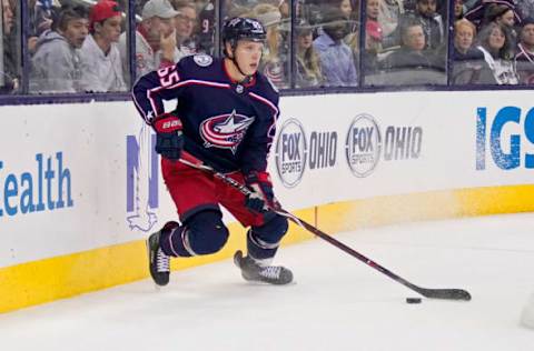 COLUMBUS, OH – NOVEMBER 23: Markus Nutivaara #65 of the Columbus Blue Jackets controls the puck during the game against the Toronto Maple Leafs on November 23, 2018 at Nationwide Arena in Columbus, Ohio. Columbus defeated Toronto 4-2. (Photo by Kirk Irwin/Getty Images)