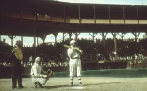 Cubs player-manager Frank Chance bats during the 1907 World Series against Detroit in Chicago. (Photo by Mark Rucker/Transcendental Graphics, Getty Images)