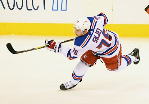 WINNIPEG, MB – FEBRUARY 11: New York Rangers Defenceman Brady Skjei (76) takes a shot from the point during a NHL game between the Winnipeg Jets and New York Rangers on February 11, 2018 at Bell MTS Centre in Winnipeg, MB. The Rangers defeated the Jets 3-1.(Photo by Nick Wosika/Icon Sportswire via Getty Images)