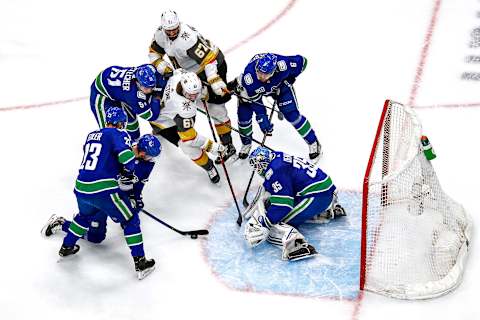 Thatcher Demko #35 of the Vancouver Canucks tends net against Mark Stone #61 of the Vegas Golden Knights during the first period in Game Six of the Western Conference Second Round. (Photo by Bruce Bennett/Getty Images)