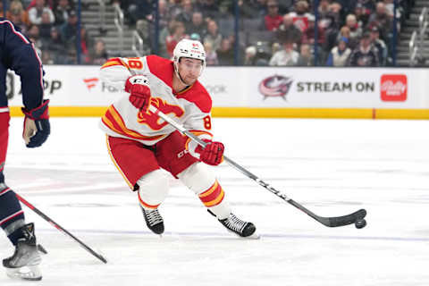 COLUMBUS, OHIO – OCTOBER 20: Andrew Mangiapane #88 of the Calgary Flames skates with the puck during the first period against the Columbus Blue Jackets at Nationwide Arena on October 20, 2023 in Columbus, Ohio. (Photo by Jason Mowry/Getty Images)