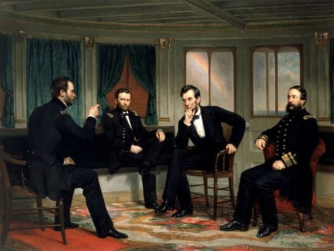 Abraham Lincoln is featured alongside his Civil War braintrust (Maj. Gen. William T. Sherman, Lt. Gen. Ulysses S. Grant, and Rear Adm. David D. Porter) in this painting by artist George Peter Alexander Healy.