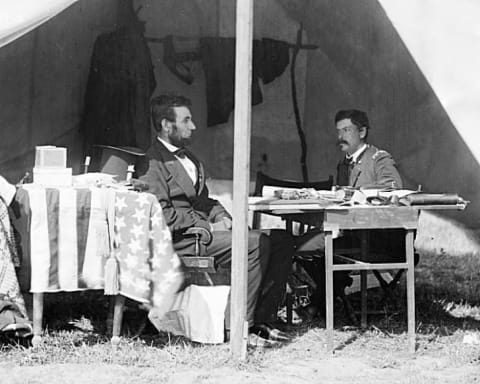 President Abraham Lincoln photographed with General George B. McClellan during the Civil War.