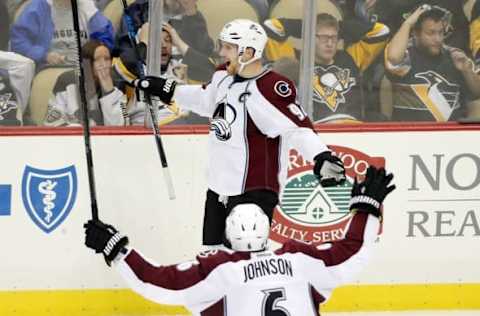 NHL Power Rankings: Colorado Avalanche left wing Gabriel Landeskog (92) celebrates his game winning goal with defenseman Erik Johnson (6) against the Pittsburgh Penguins in overtime at the PPG Paints Arena. Colorado won 4-3 in overtime. Mandatory Credit: Charles LeClaire-USA TODAY Sports