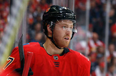 CALGARY, AB – OCTOBER 7: Dougie Hamilton.  Has been on the ice for 47 shot attempts and 49 scoring chances so far this year (per Natural Stat Trick).