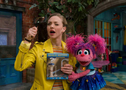 Actress Amanda Seyfried with Abby Cadabby.