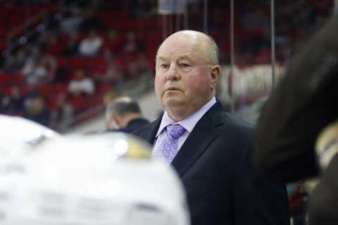 Nov 16, 2015; Raleigh, NC, USA; Anaheim Ducks head coach Bruce Boudreau looks on against the Carolina Hurricanes at PNC Arena. The Anaheim Ducks defeated the Carolina Hurricanes 4-1. Mandatory Credit: James Guillory-USA TODAY Sports