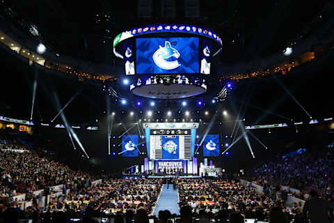 VANCOUVER, BC – JUNE 21: The Vancouver Canucks select tenth overall during Round One of the 2019 NHL Draft at Rogers Arena on June 21, 2019 in Vancouver, Canada. (Photo by Devin Manky/Icon Sportswire via Getty Images)