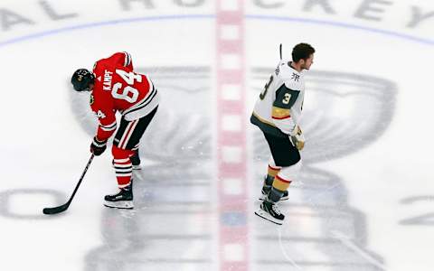 David Kampf #64 of the Chicago Blackhawks and Brayden McNabb #3 of the Vegas Golden Knights skates in warm-ups prior to Game Four of the Western Conference First Round. (Photo by Jeff Vinnick/Getty Images)