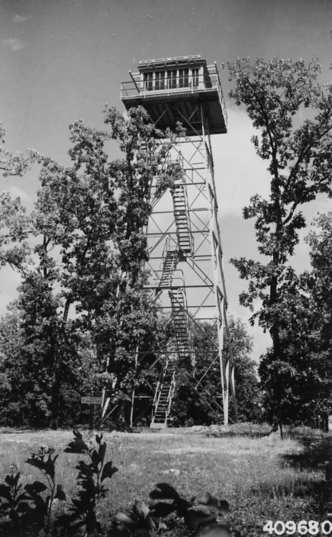 A photo of a lookout tower constructed in Mark Twain National Forest.