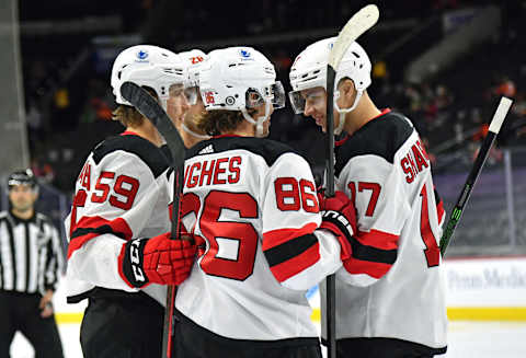 New Jersey Devils Janne Kuokkanen, Jack Hughes, and Yegor Sharangovich: (Eric Hartline-USA TODAY Sports)