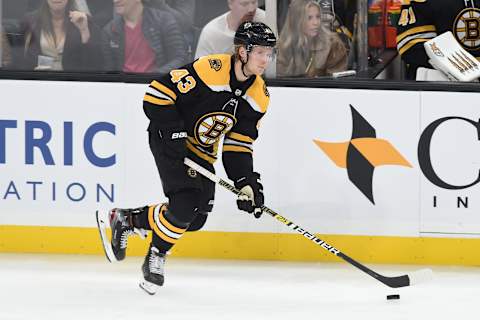 BOSTON, MA – OCTOBER 13: Danton Heinen #43 of the Boston Bruins skates against the New Jersey Devils at the TD Garden on October 13, 2019 in Boston, Massachusetts. (Photo by Steve Babineau/NHLI via Getty Images)