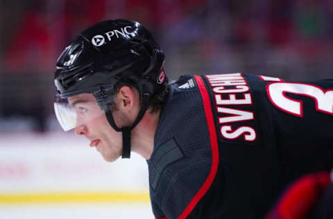 Mar 18, 2021; Raleigh, North Carolina, USA; Carolina Hurricanes right wing Andrei Svechnikov (37) looks on against the Columbus Blue Jackets at PNC Arena. Mandatory Credit: James Guillory-USA TODAY Sports