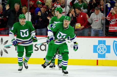 RALEIGH, NC – JANUARY 11: Nino Niederreiter #21 of the Carolina Hurricanes skates back to the bench after scoring a goal during an NHL game against the Los Angeles Kings on January 11, 2020 at PNC Arena in Raleigh, North Carolina. (Photo by Gregg Forwerck/NHLI via Getty Images)