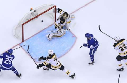 TORONTO, ON – APRIL 23: William Nylander #29 of the Toronto Maple Leafs fires a shot past Tuukka Rask #40 of the Boston Bruins in Game Six of the 2018 Playoff Eastern Conference First Round. (Photo by Claus Andersen/Getty Images)