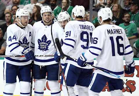 DALLAS, TX – OCTOBER 09: (L-R) Morgan Rielly #44, Auston Matthews #34, Nazem Kadri #43, John Tavares #91 and Mitchell Marner #16 of the Toronto Maple Leafs . (Photo by Ronald Martinez/Getty Images)