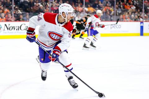 PHILADELPHIA, PENNSYLVANIA – FEBRUARY 24: Jordan Harris #54 of the Montreal Canadiens skates with the puck during the second period against the Philadelphia Flyers at Wells Fargo Center on February 24, 2023 in Philadelphia, Pennsylvania. (Photo by Tim Nwachukwu/Getty Images)