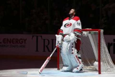 Dec 19, 2015; Pittsburgh, PA, USA; Carolina Hurricanes goalie Cam Ward (30) stands for the national anthem against the Pittsburgh Penguins during the first period at the CONSOL Energy Center. Mandatory Credit: Charles LeClaire-USA TODAY Sports