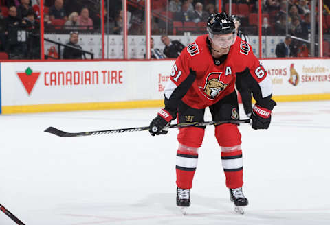 OTTAWA, ON – OCTOBER 23: Mark Stone #61 of the Ottawa Senators skates against the Boston Bruins at Canadian Tire Centre on October 23, 2018, in Ottawa, Ontario, Canada. (Photo by Andre Ringuette/NHLI via Getty Images)