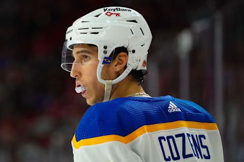 Dec 4, 2021; Raleigh, North Carolina, USA; Buffalo Sabres center Dylan Cozens (24) looks on against the Carolina Hurricanes during the second period at PNC Arena. Mandatory Credit: James Guillory-USA TODAY Sports