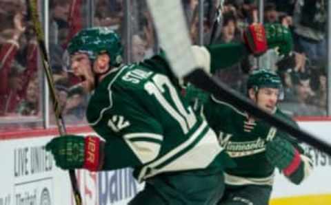 Oct 15, 2016; Saint Paul, MN, USA; Minnesota Wild forward Eric Staal (12) celebrates his goal during the second period against the Winnipeg Jets at Xcel Energy Center. Mandatory Credit: Brace Hemmelgarn-USA TODAY Sports