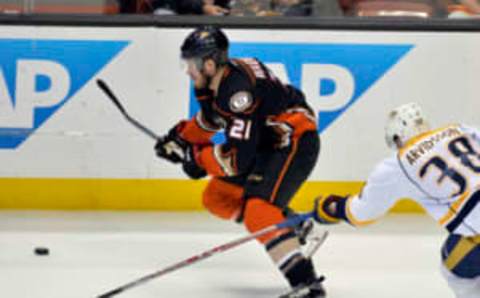 Anaheim Ducks right wing Chris Wagner (21) moves the puck (Gary A. Vasquez-USA TODAY Sports)