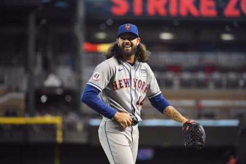 PHOENIX, ARIZONA – JUNE 02: Robert Gsellman #44 of the New York Mets walks back to the dugout after the end of an inning against the Arizona Diamondbacks at Chase Field on June 02, 2021 in Phoenix, Arizona. (Photo by Norm Hall/Getty Images)