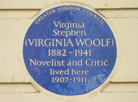 The famous blue plaque from English Heritage, a charity that manages historic sites. Virginia Woolf's was placed at 29 Fitzroy Square, Fitzrovia, London, where she lived from 1907-1911.