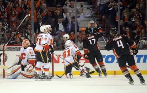 November 6, 2016; Anaheim, CA, USA; Anaheim Ducks center Ryan Kesler (17) celebrates his second goal of the game against the Calgary Flames during the third period at Honda Center. Mandatory Credit: Gary A. Vasquez-USA TODAY Sports