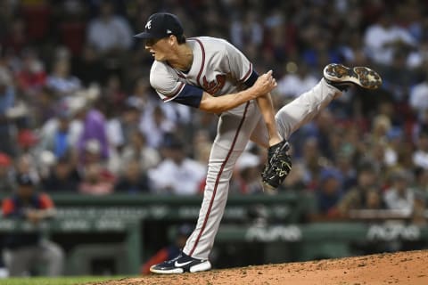 BOSTON, MASSACHUSETTS – AUGUST 10: Kyle Wright #30 of the Atlanta Braves pitches against the Boston Red Sox during the third inning at Fenway Park on August 10, 2022 in Boston, Massachusetts. (Photo by Brian Fluharty/Getty Images)