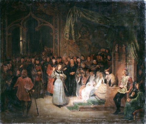 This painting depicts Joan of Arc speaking before King Charles VII in 1429 in the midst of the Hundred Years' War.