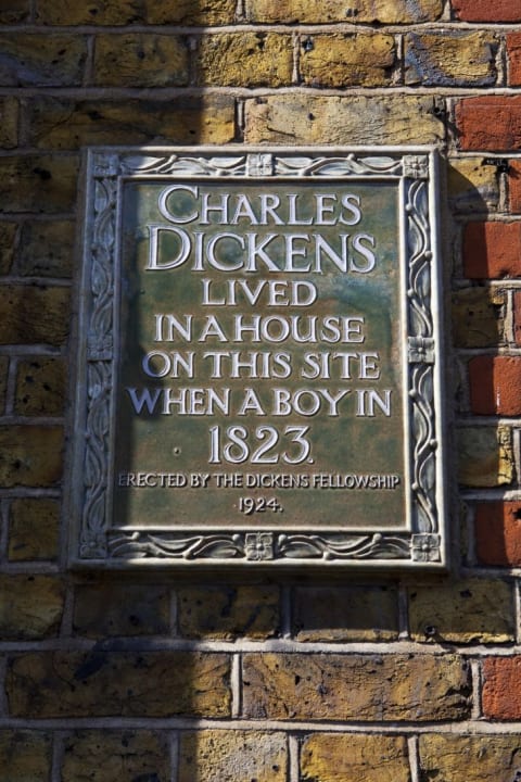 This plaque located on Bayham Street in Camden, London, shows where author Charles Dickens once lived.