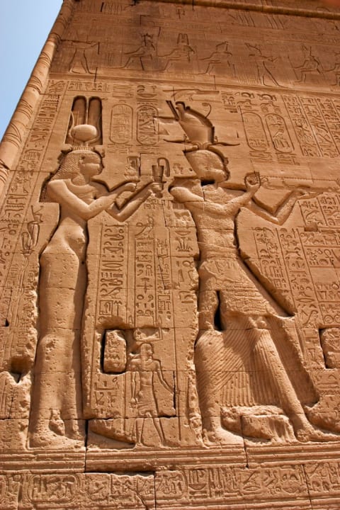 The only carving of Cleopatra pictured with her son, Caesarion, at the Temple of Hathor in Egypt