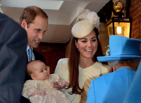 Prince William and Catherine, Duchess of Cambridge greet Queen Elizabeth II as she arrives at the Chapel Royal in St James's Palace for Prince George's christening in 2013.