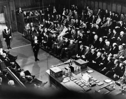 The British State Opening of Parliament ceremony commencing in the House of Commons with on October 29, 1974.