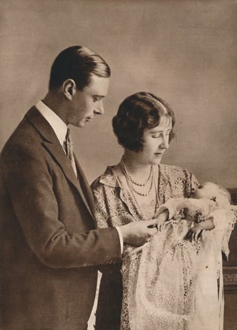 The Duke and Duchess of York (later King George VI and Queen Elizabeth) at the christening of their daughter Princess Elizabeth (later Queen Elizabeth II) in 1926.