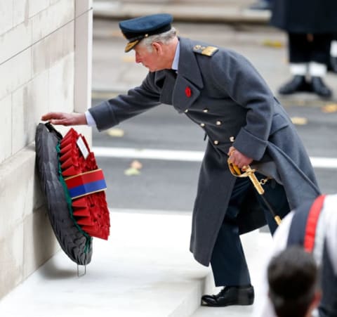 Prince Charles lays a wreath on behalf of Queen Elizabeth II during London's annual Remembrance Sunday Service on November 12, 2017.